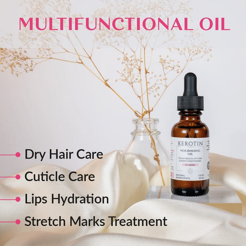 Kerotin nourishing oil bottle with multifunctional care bullets including dry hair care
