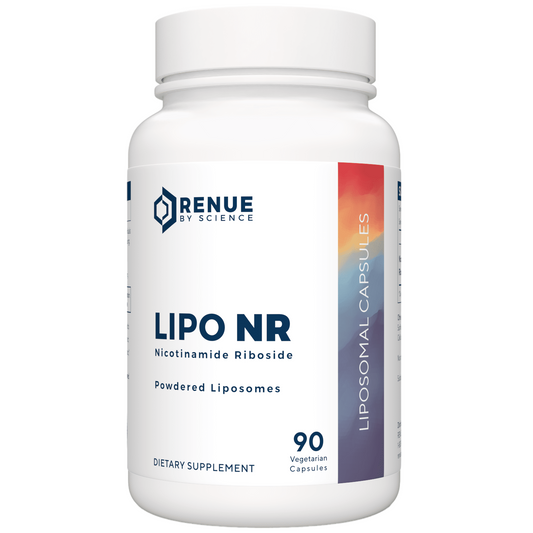 RENUE BY SCIENCE LIPO NR powdered liposomes bottle, white with front label
