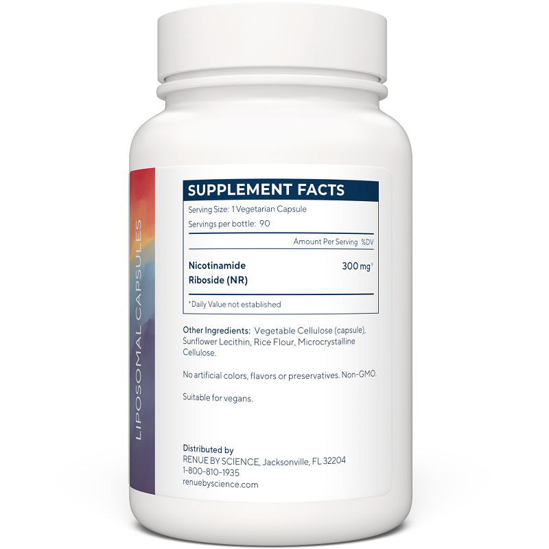 RENUE LIPO NR powdered liposomes bottle, supplement facts label