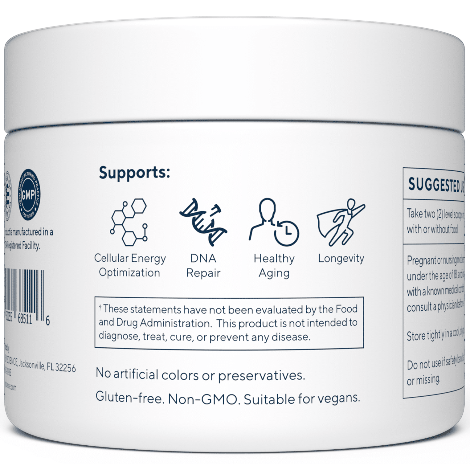 NR powder supplement tub back panel with supports icons: cellular energy, DNA repair
