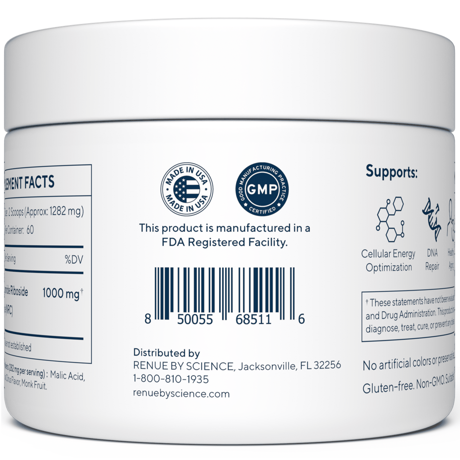 NR powder supplement tub back label with Made in USA and GMP seals, barcode
