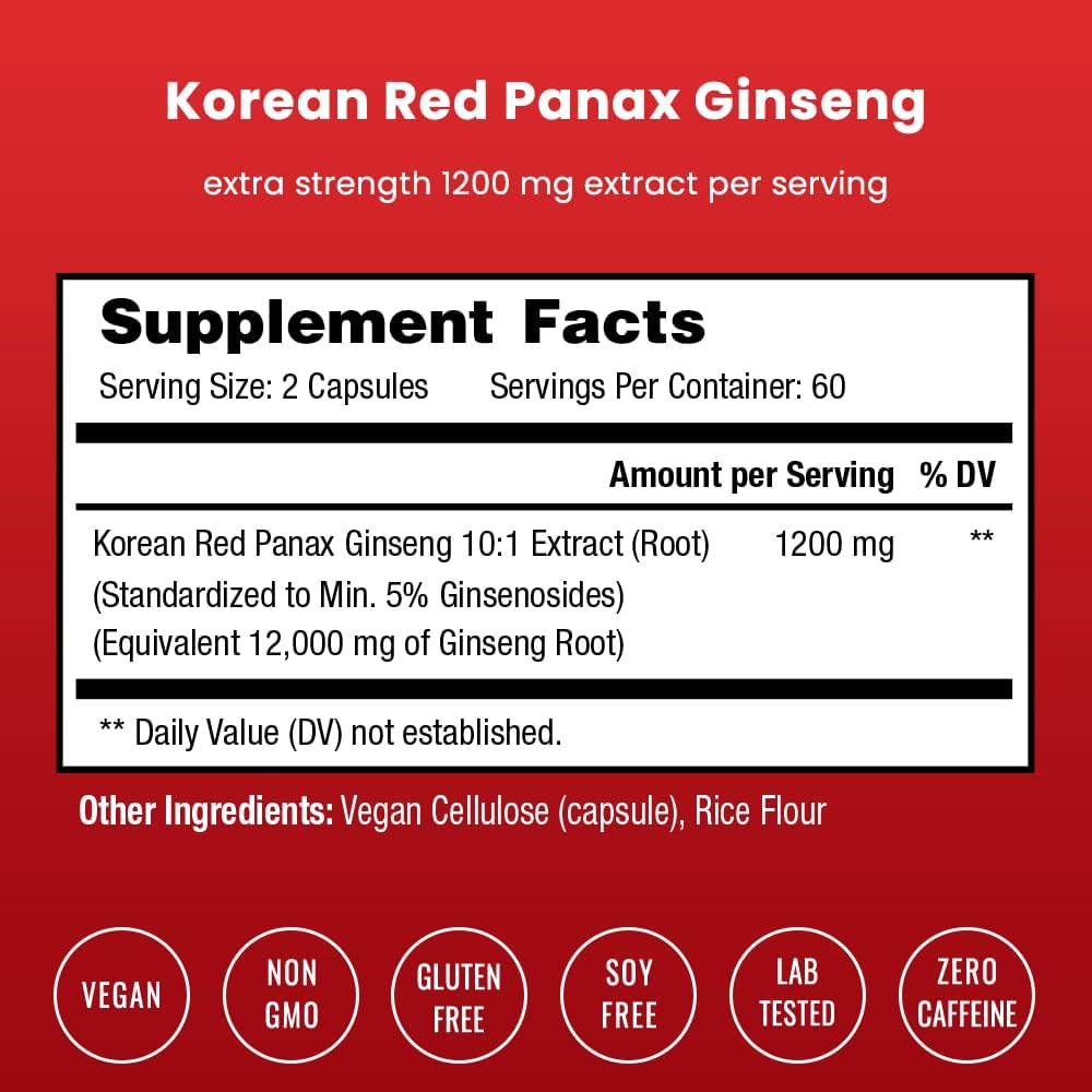 Supplement Facts label for Korean Red Panax ginseng extract, 1200 mg, 2 capsules
