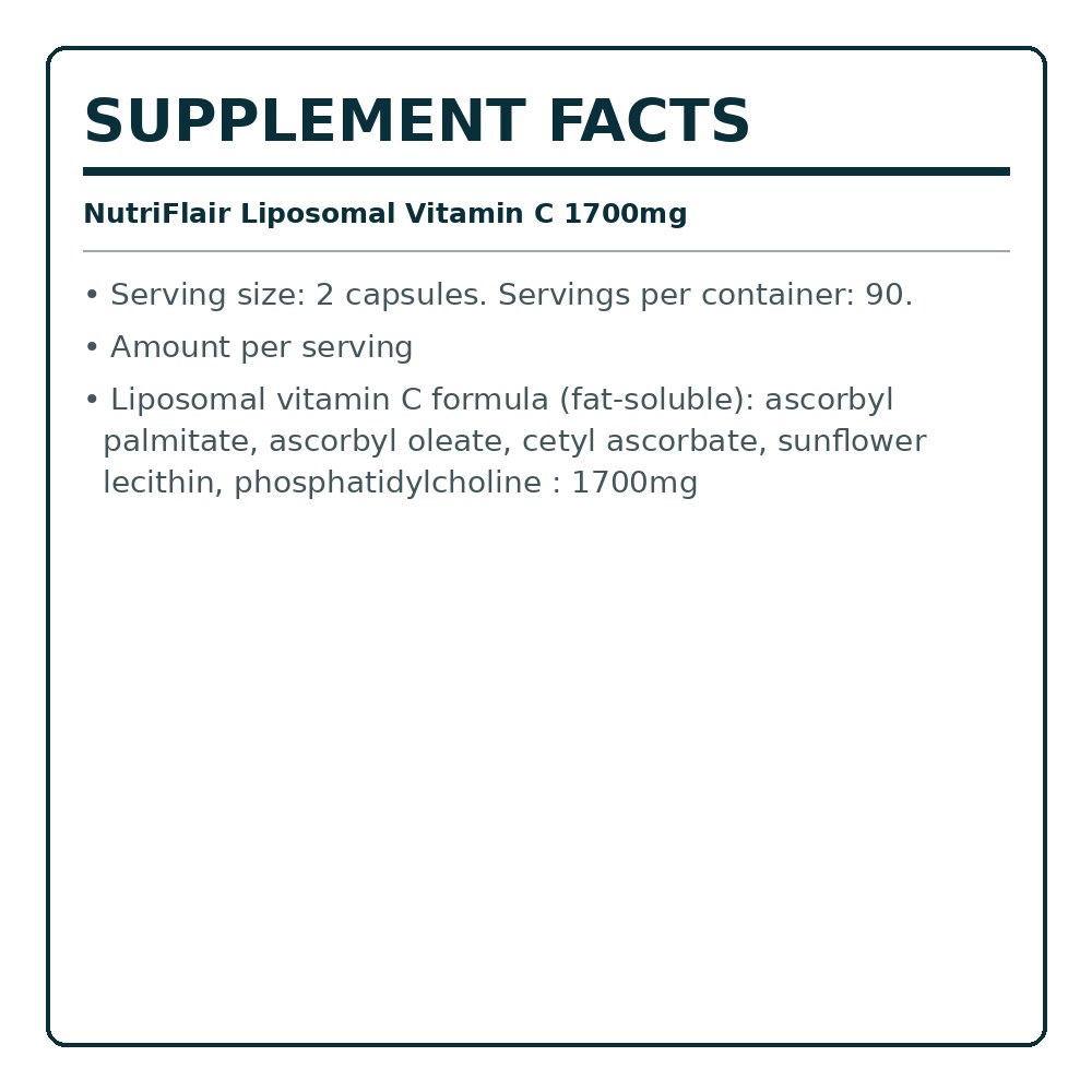 NutriFlair supplement facts label for liposomal vitamin C 1700mg