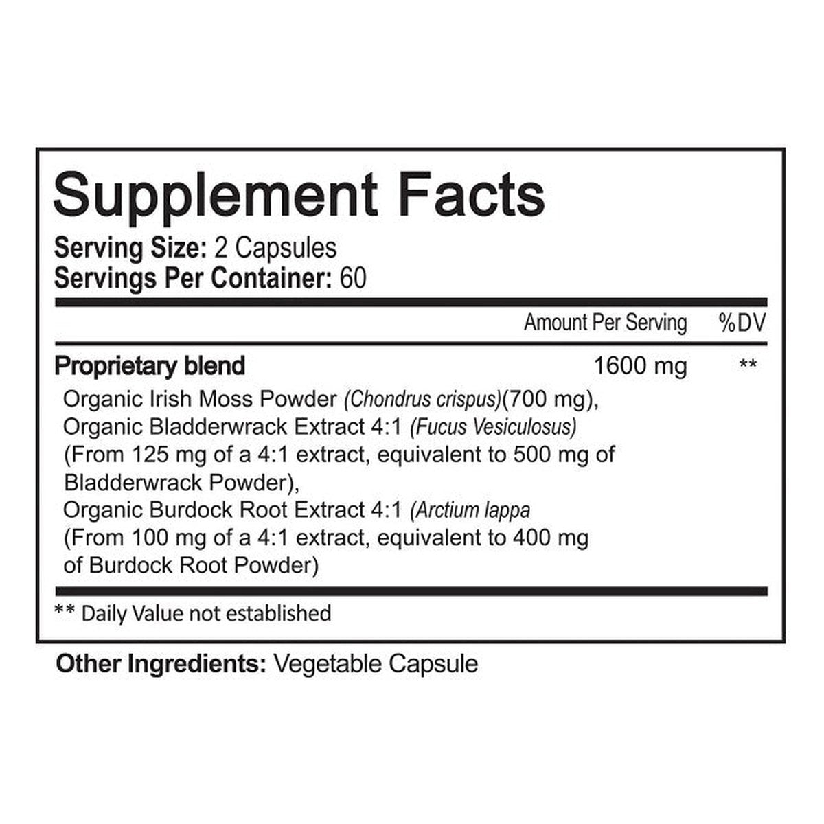 NutriFlair Irish sea moss supplement facts label: serving size 2 capsules, ingredients