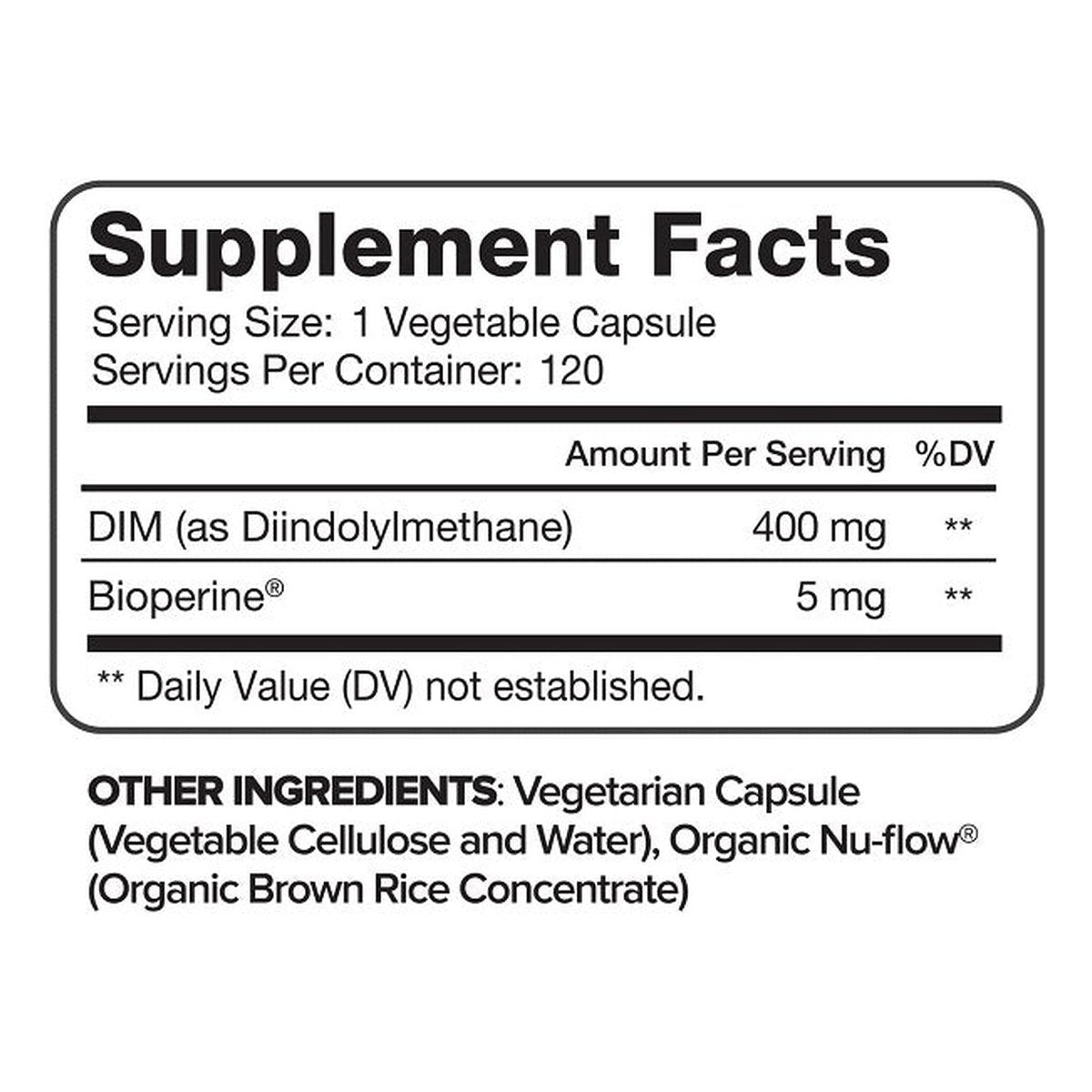 Supplement facts label for DIM 400 mg with Bioperine 5 mg, serving size 1 capsule
