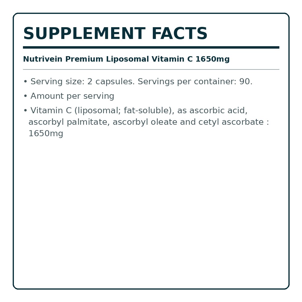 Nutrivein Premium liposomal vitamin C 1650mg supplement facts panel