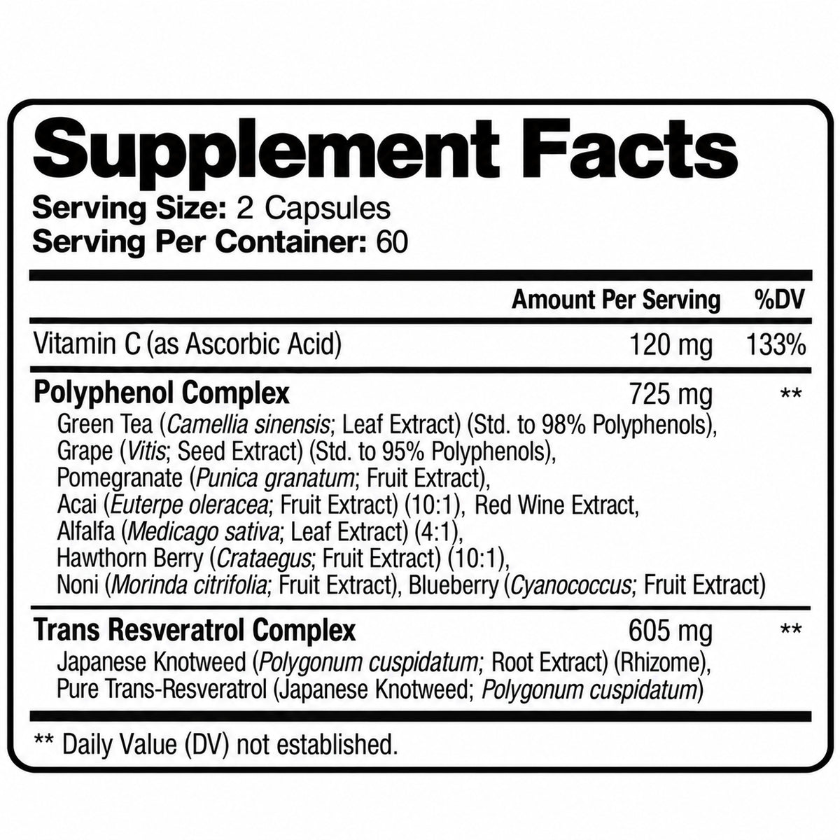 Nutrivein resveratrol supplement facts label with serving size and ingredient amounts.