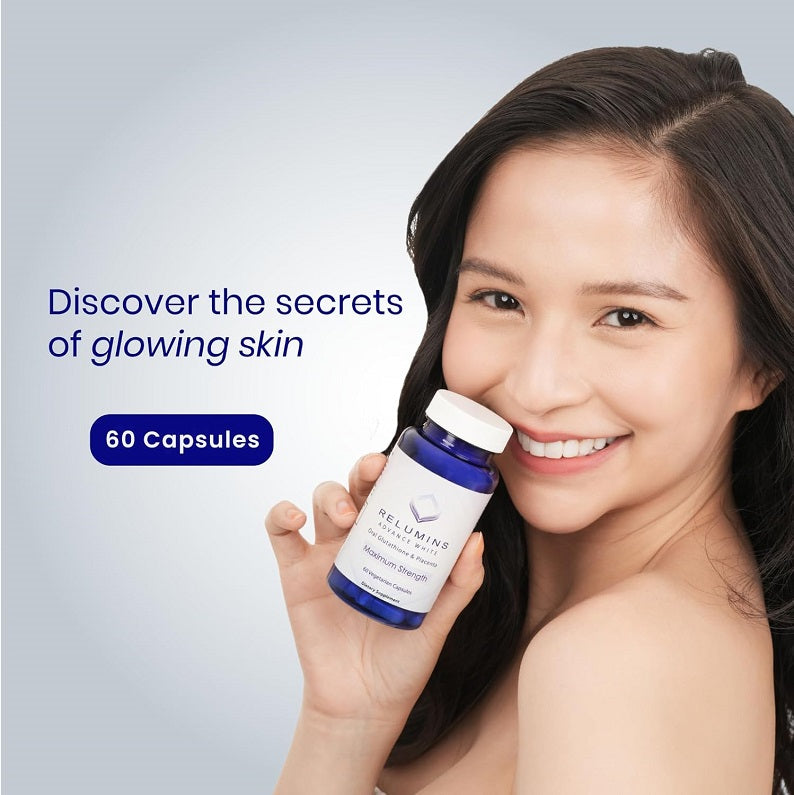 Relumins Advanced White supplement bottle in hand beside smiling woman, blue-tinted jar