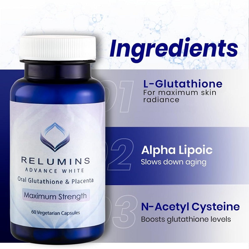 Relumins Advanced White supplement bottle with ingredients panel graphic and 60 capsules
