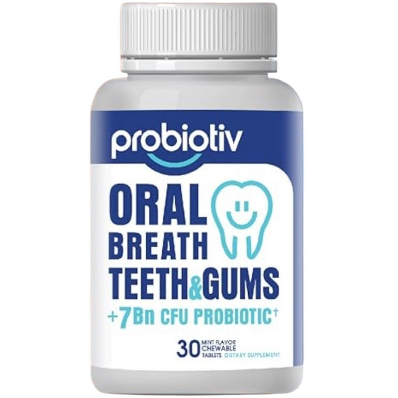 Oral probiotic supplement bottle with blue label and white cap, teeth & gums