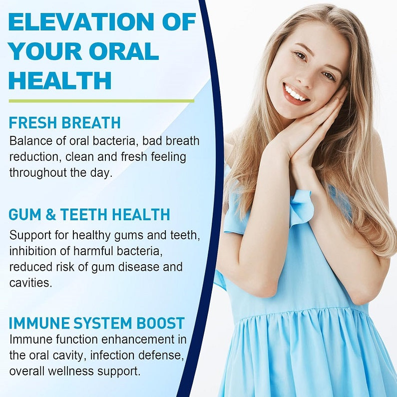 Oral probiotic benefits infographic: fresh breath, gum & teeth health, immune system support