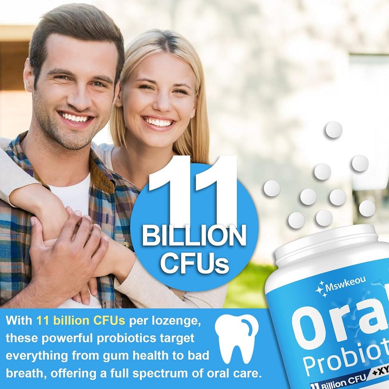 Oral probiotic lozenges bottle with '11 billion CFUs' claim and smile couple