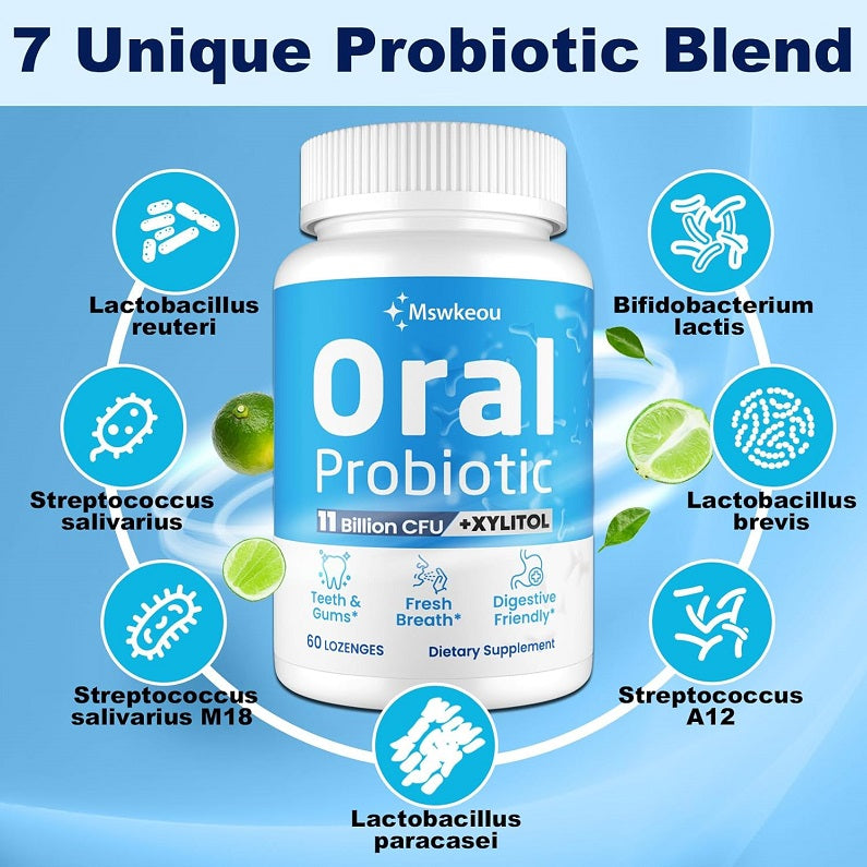 Oral probiotic lozenges bottle with 7 probiotic strains and lime slice icons