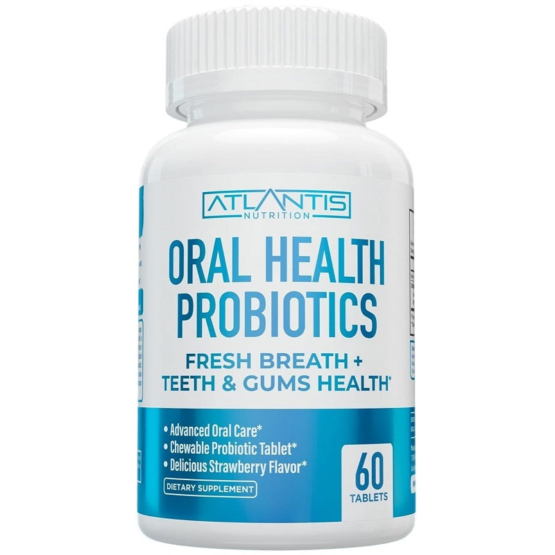 Oral health probiotics bottle, white with blue label and 60 tablets count badge