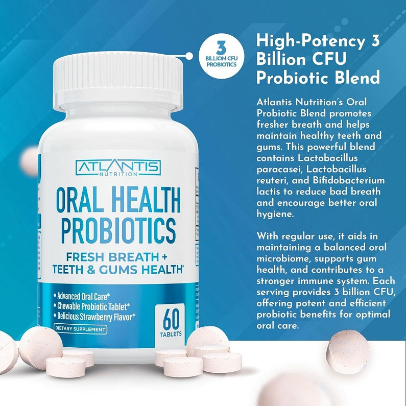 Oral health probiotic tablets bottle, white with ribbed cap and blue label, 60 tablets