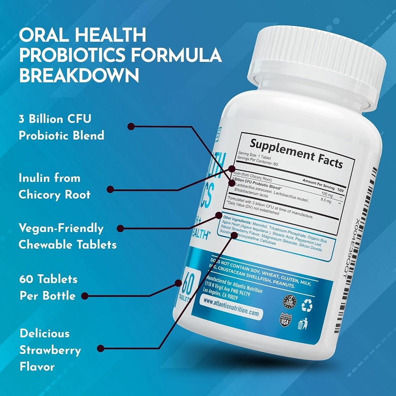 Oral health probiotic tablets bottle with supplement facts panel and 60-count label