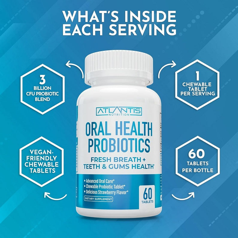 Oral health probiotic tablets bottle with blue label for fresh breath and teeth & gums health