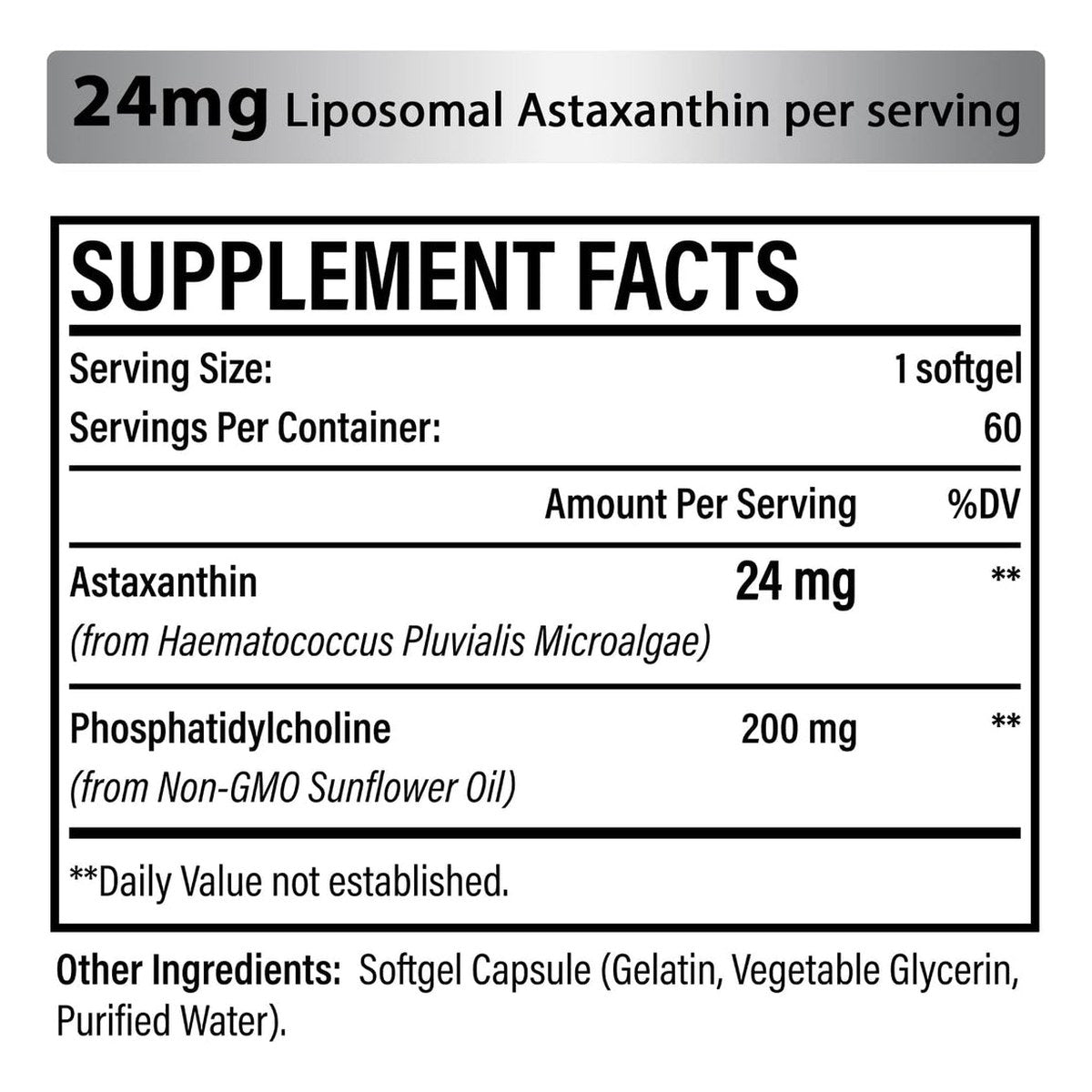 Liposomal astaxanthin 24 mg supplement facts label on softgel