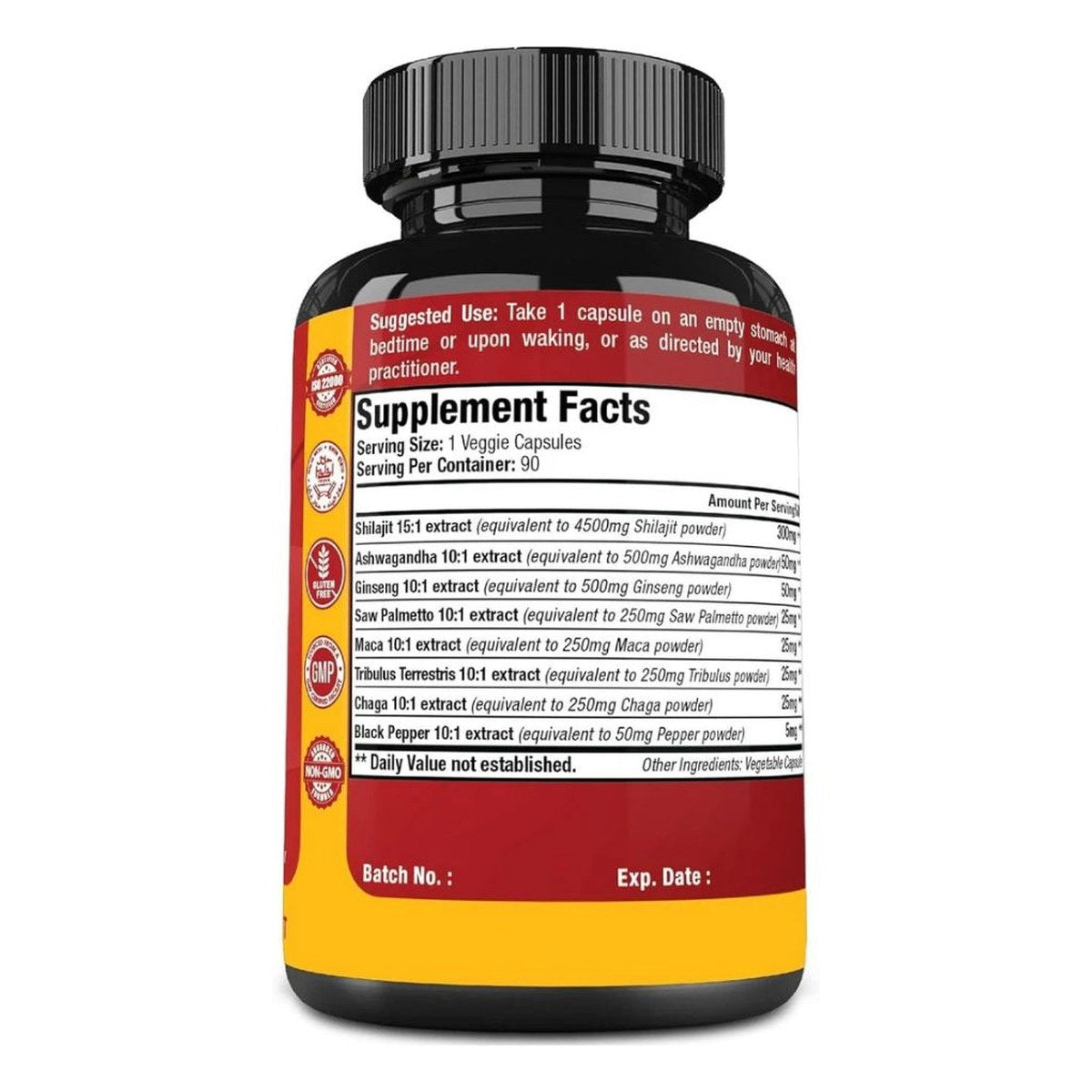 Shilajit supplement bottle with black cap and yellow label, Supplement Facts panel.