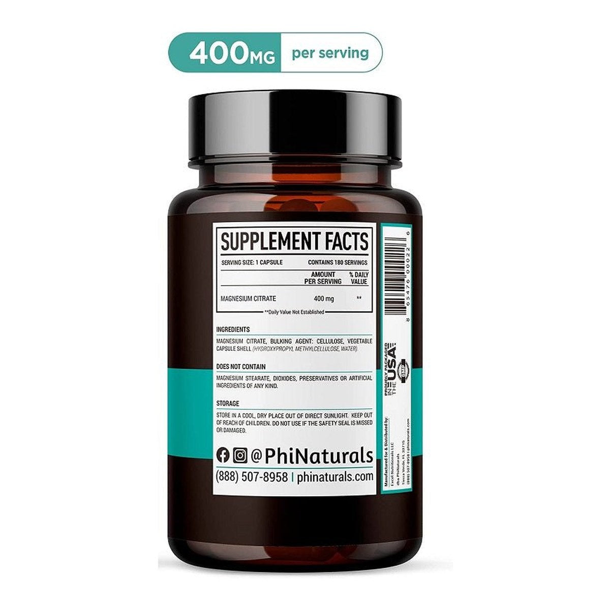 Magnesium citrate supplement bottle, 400 mg per serving, with Supplement Facts panel