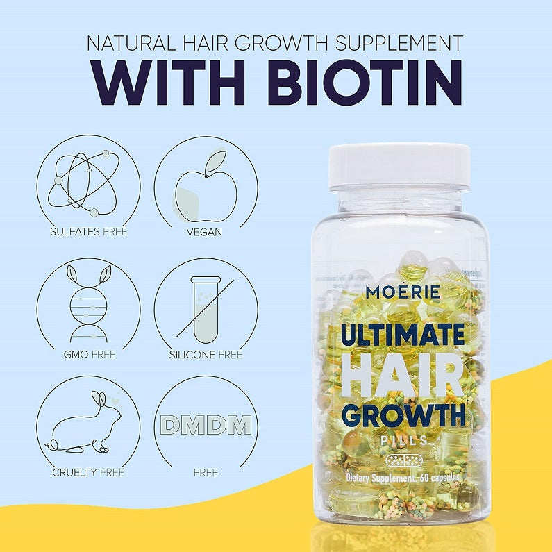 Moerie hair growth supplement bottle with biotin label and supplement icons