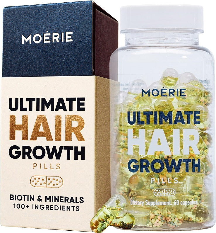 Moerie Ultimate Hair Growth Pills box and clear bottle with green capsule contents