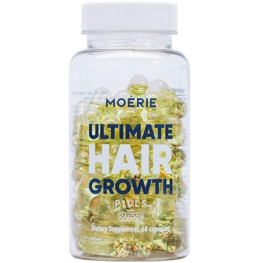 Moerie Ultimate Hair Growth Pills bottle with clear cap and green capsules