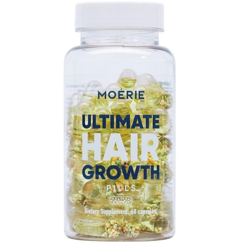 Moerie Ultimate Hair Growth Pills bottle with clear cap and green capsules