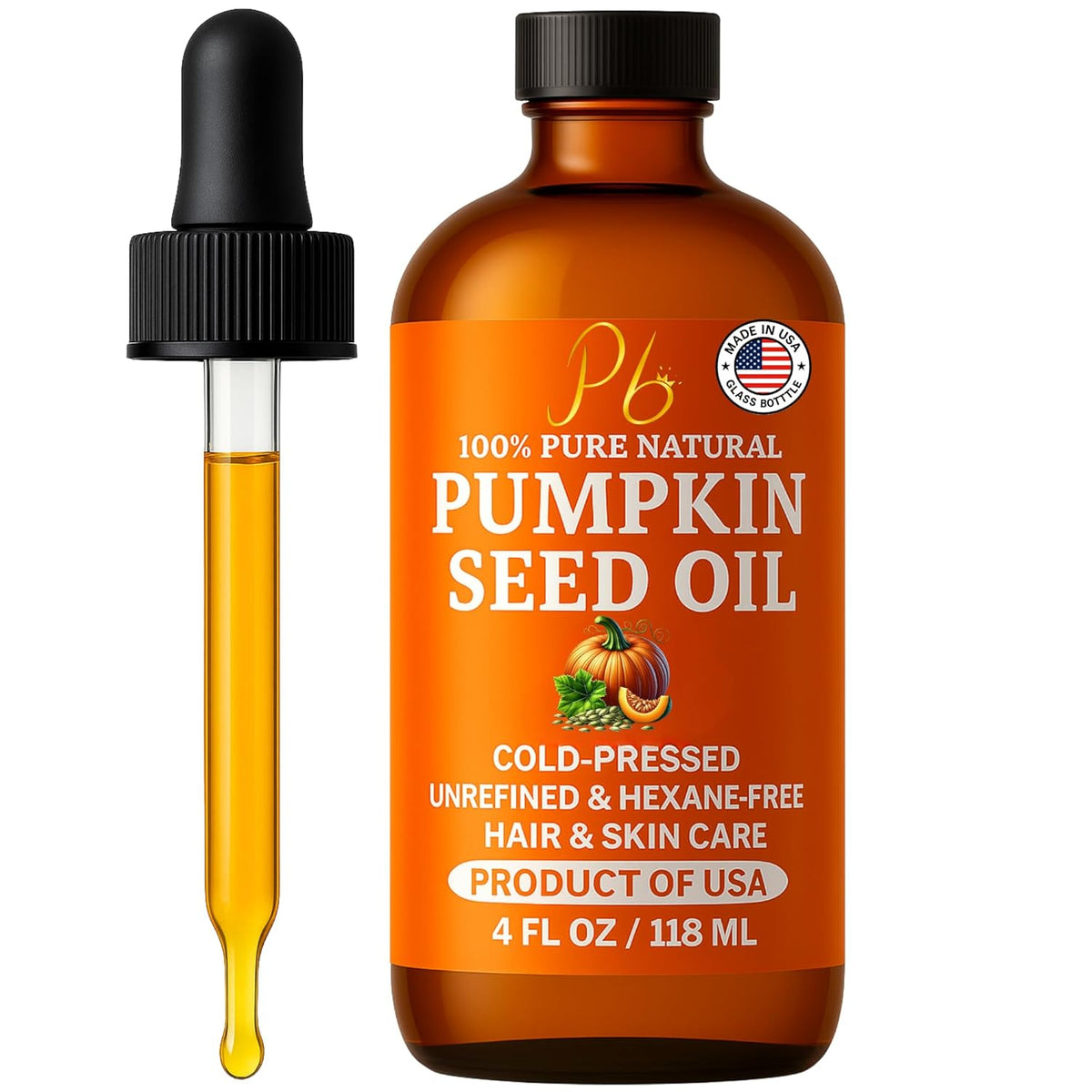 Amber pumpkin seed oil bottle with black dropper, for hair and skin care.