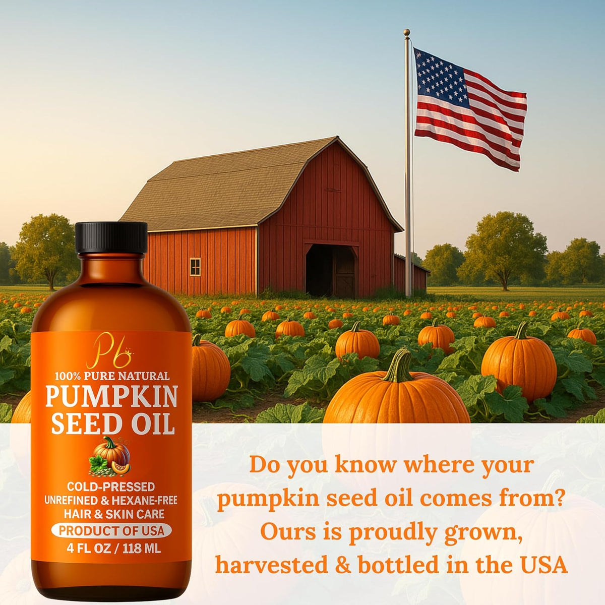 Pumpkin seed oil bottle with amber liquid and black cap.