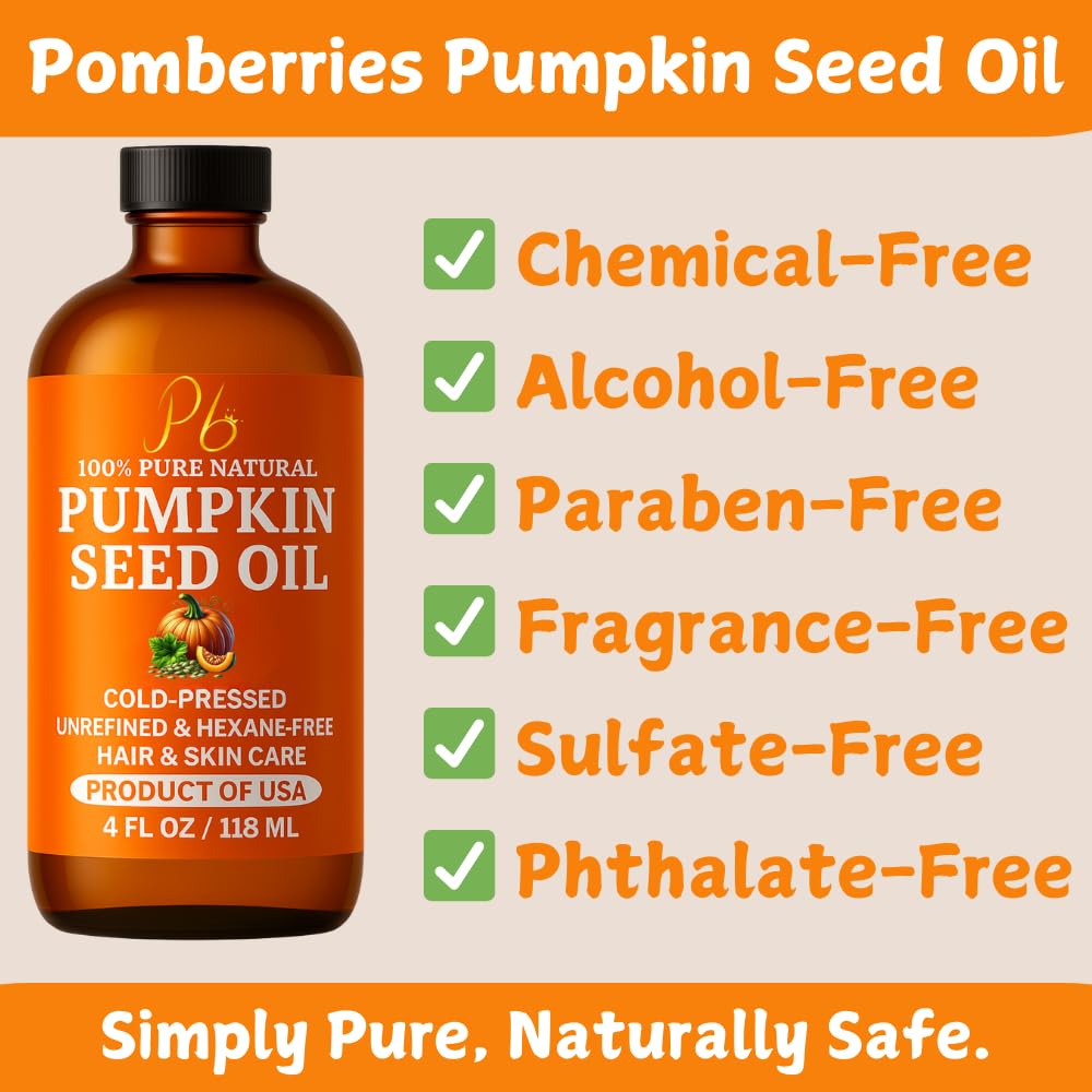 Pumpkin seed oil bottle with black cap beside chemical-free benefit checkmarks.