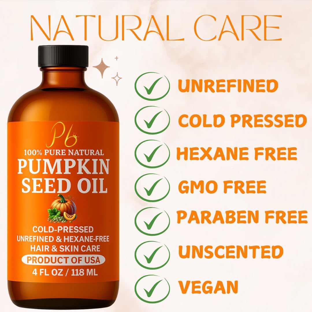 Pumpkin seed oil bottle with black cap next to natural-care checklist icons.