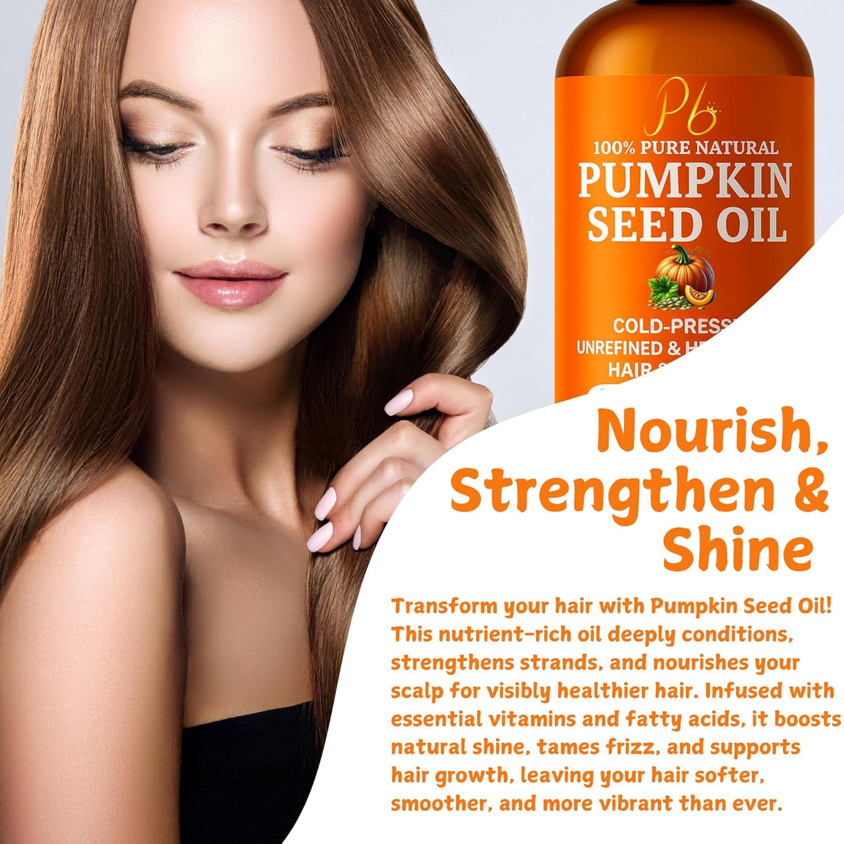 Pumpkin seed oil bottle next to a woman with long hair and smooth skin.