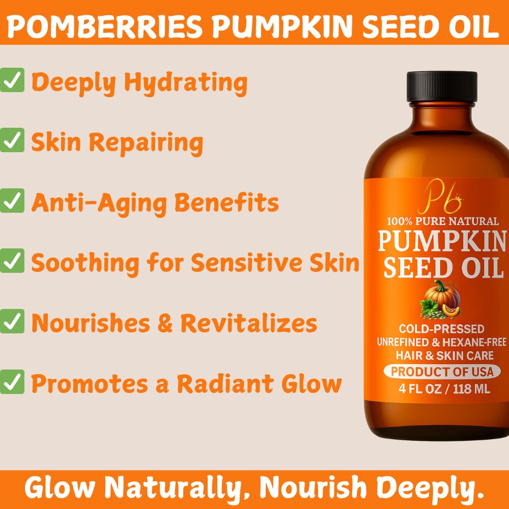Pumpkin seed oil bottle with black cap beside skin and hair benefit checkmarks.