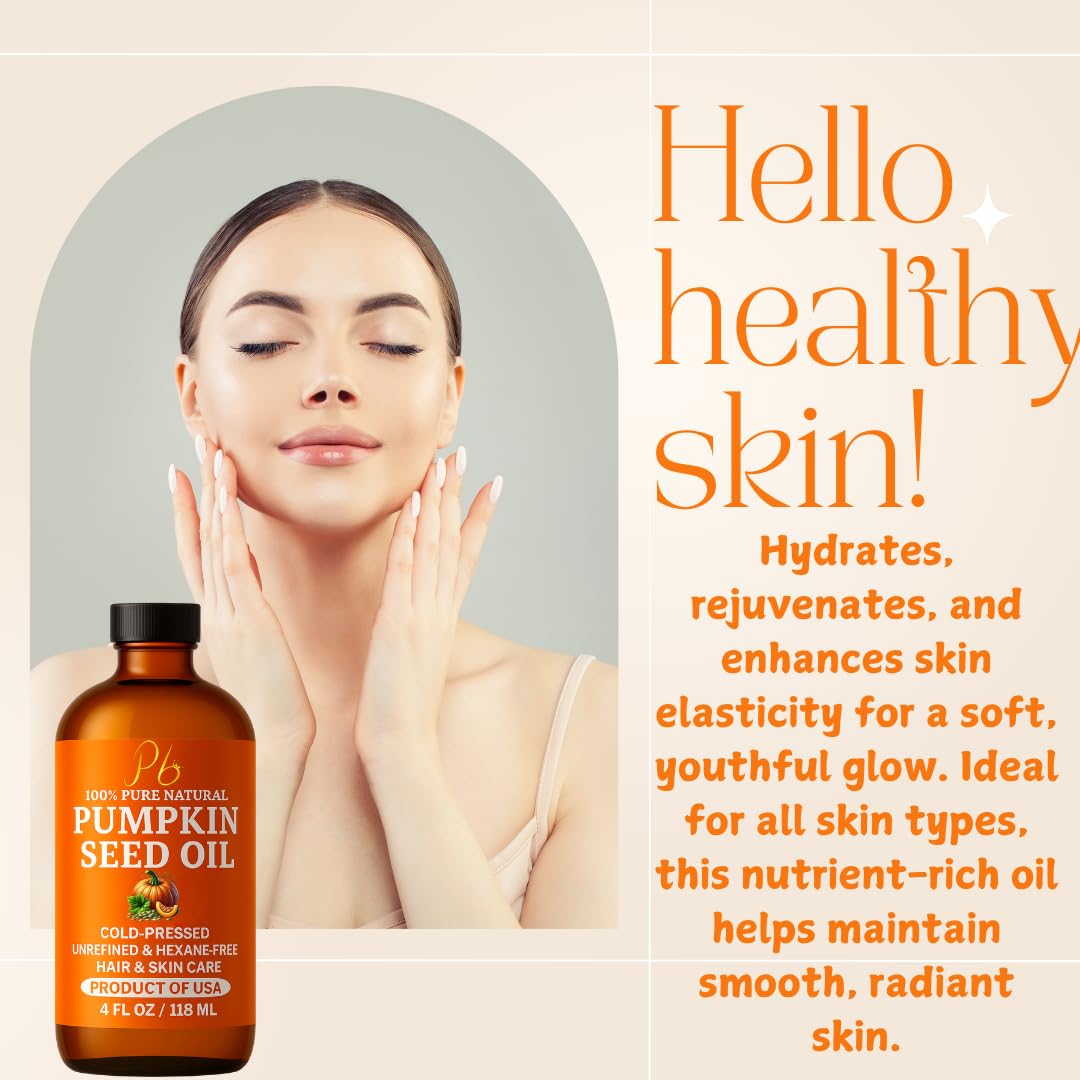 Pumpkin seed oil bottle with black cap beside face skincare hydration benefits text.