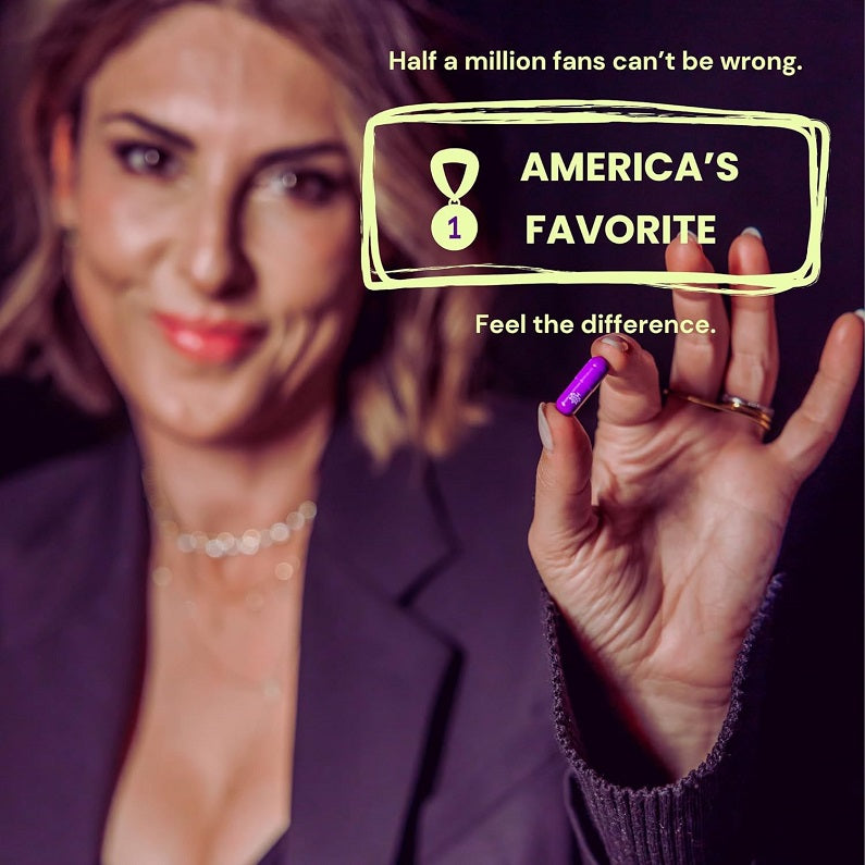 Promotional wellness supplement image with woman holding capsule, 'America's Favorite' badge
