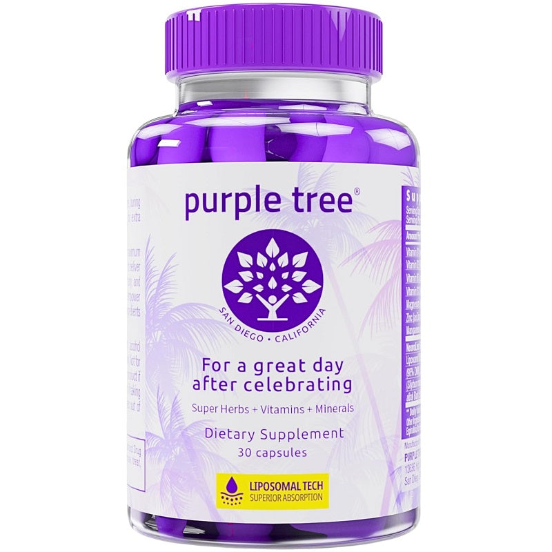 Purple supplement bottle with screw cap, label for dietary capsules and liposomal tech