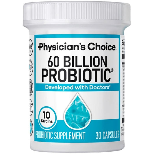 Probiotic supplement bottle, 60 billion probiotic, 30 capsules label
