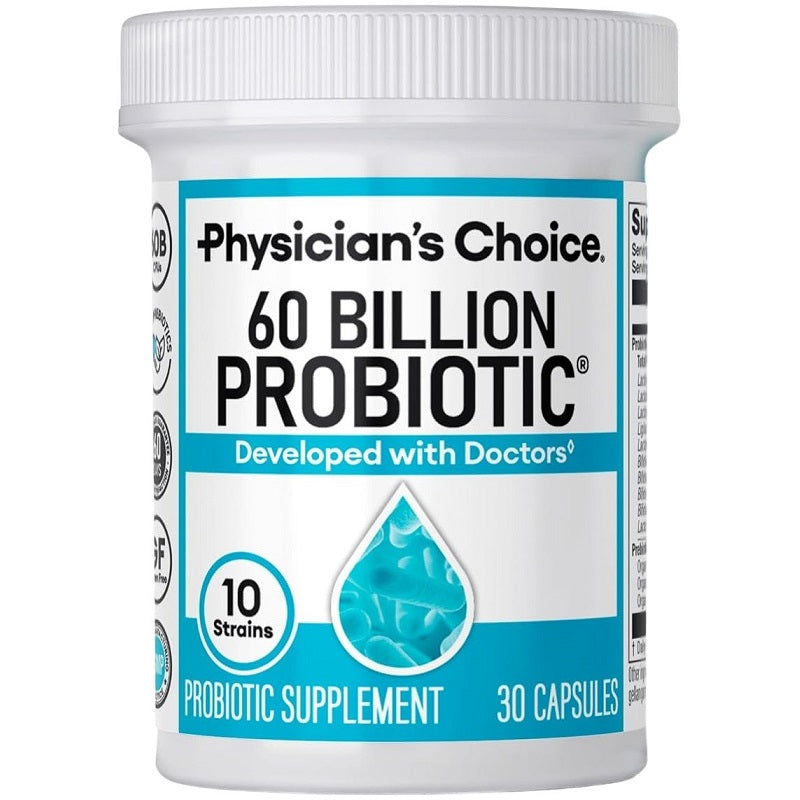 Probiotic supplement bottle, 60 billion probiotic, 30 capsules label
