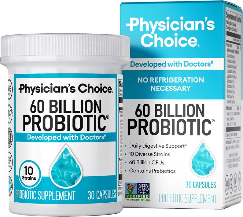 Probiotic supplement bottle with box, 60 billion probiotic, 30 capsules