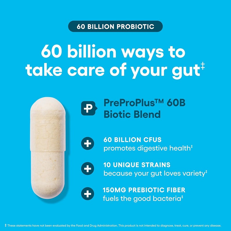 Probiotic supplement capsule concept card, 60 billion CFUs and 10 strains