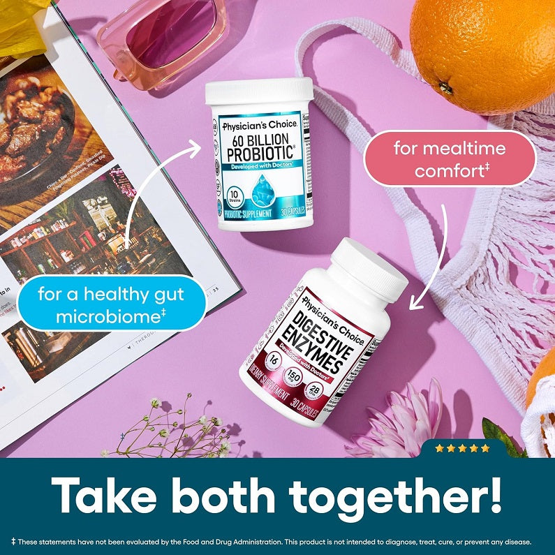 Probiotic and digestive enzyme supplement bottles, 60 billion probiotic for mealtime comfort