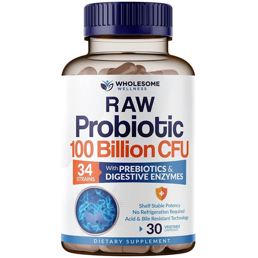 Probiotic dietary supplement bottle, 100 billion CFU, blue cap, raw probiotic label