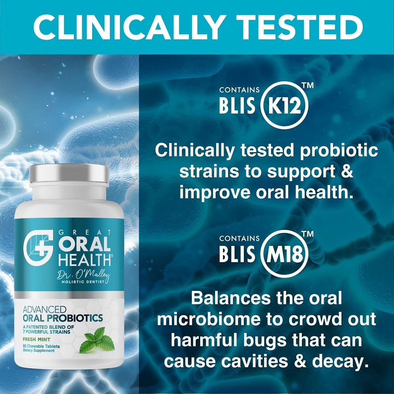 Dental probiotic supplement bottle with BLIS (K12/M18) claims on blue label