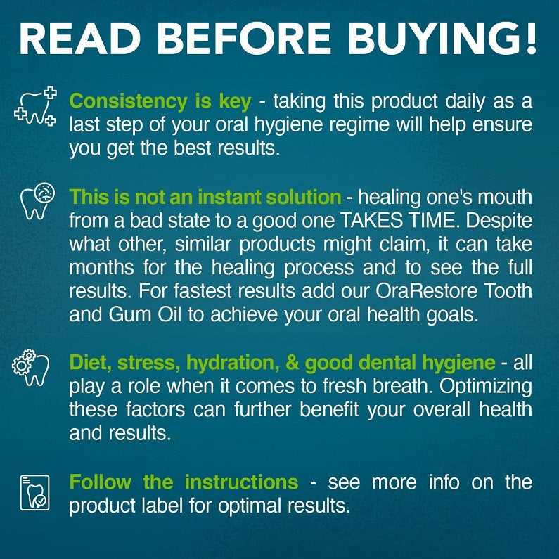 Dental probiotic oral supplement info panel with read-before-buying usage guidance