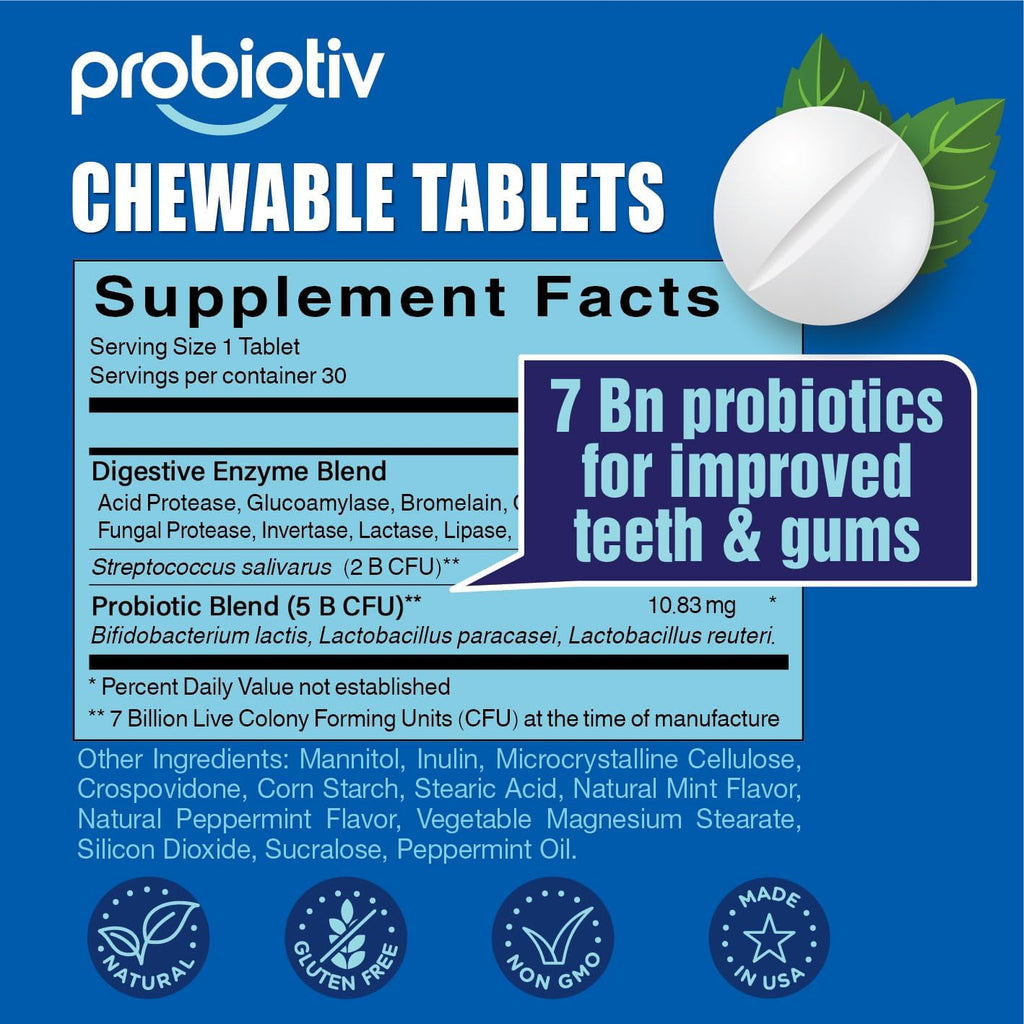 Probiotic chewable tablets supplement facts label for teeth and gums