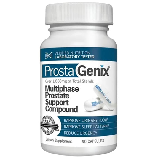 Prostate support supplement bottle with ProstaGenix label, white cap, 90 capsules