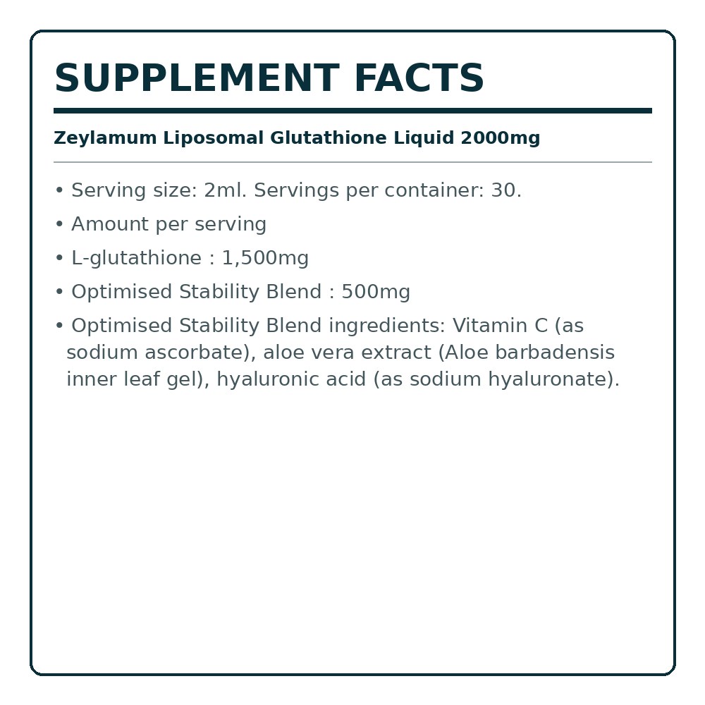 Zeylamum liposomal glutathione supplement facts label with dosage and ingredients