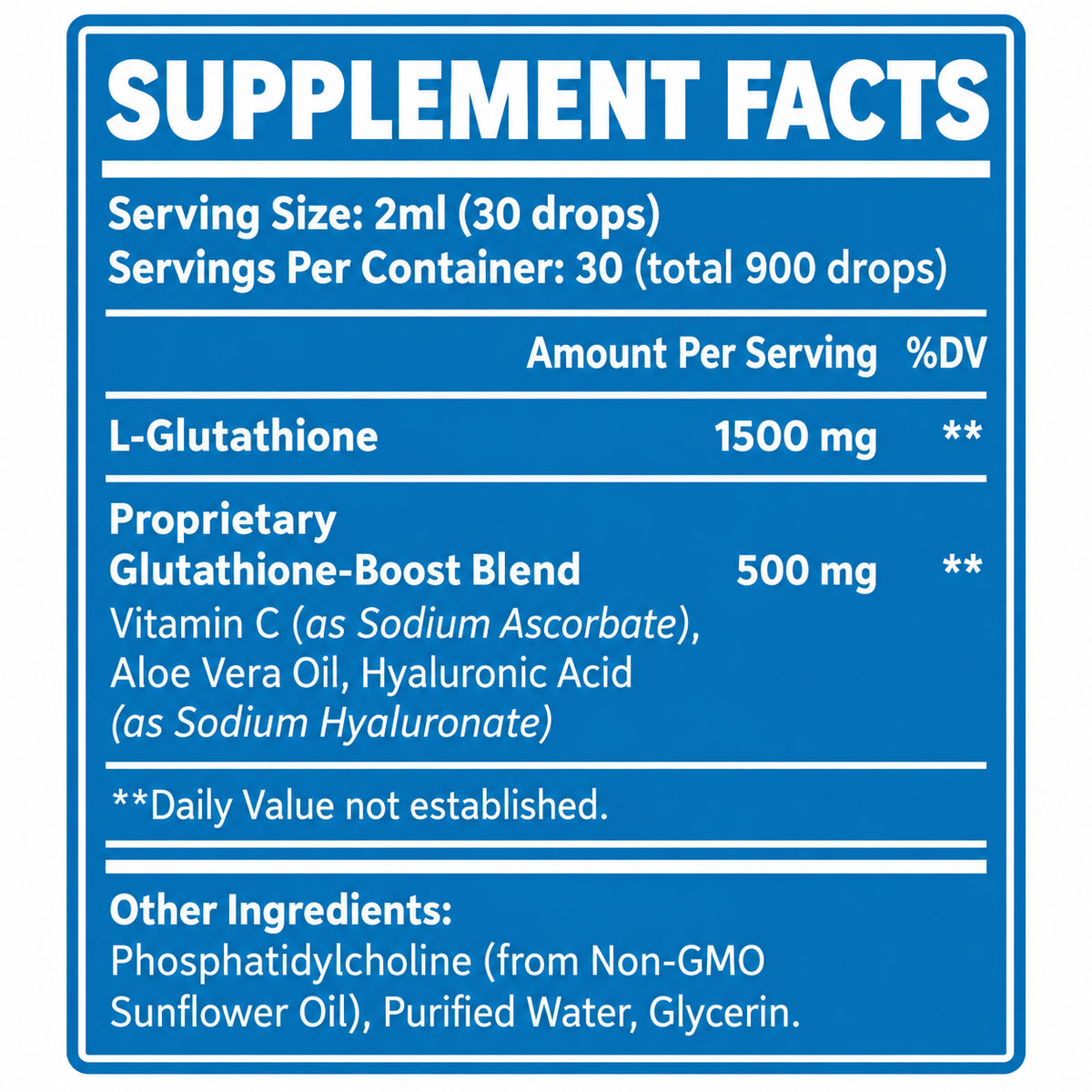 Liposomal glutathione liquid supplement facts label, serving size 2 ml