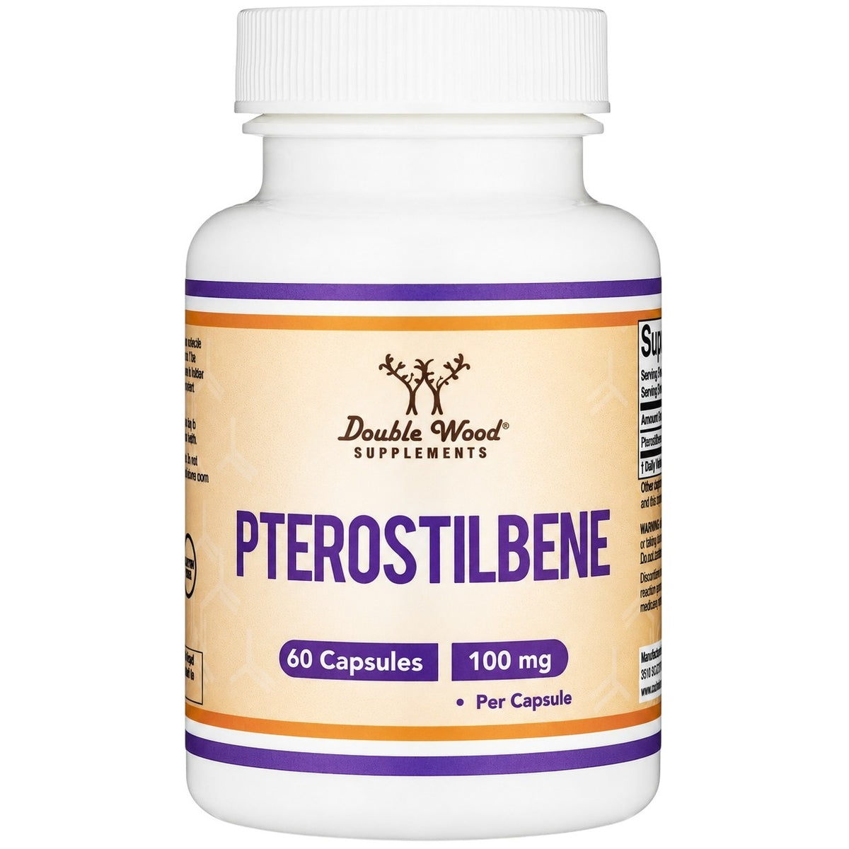 Pterostilbene supplement bottle, 100 mg, 60 capsules
